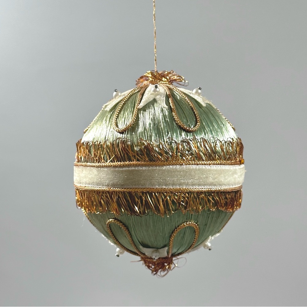 Vintage Green Satin Thread Ornament with Gold Trim